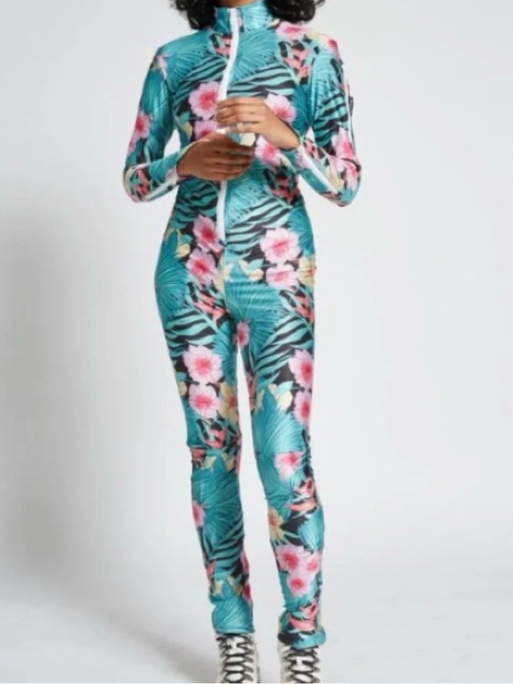 Nw Retro Tropical Floral Zip-Front Jumpsuit - Teal/Pi racy suit xs racysuits